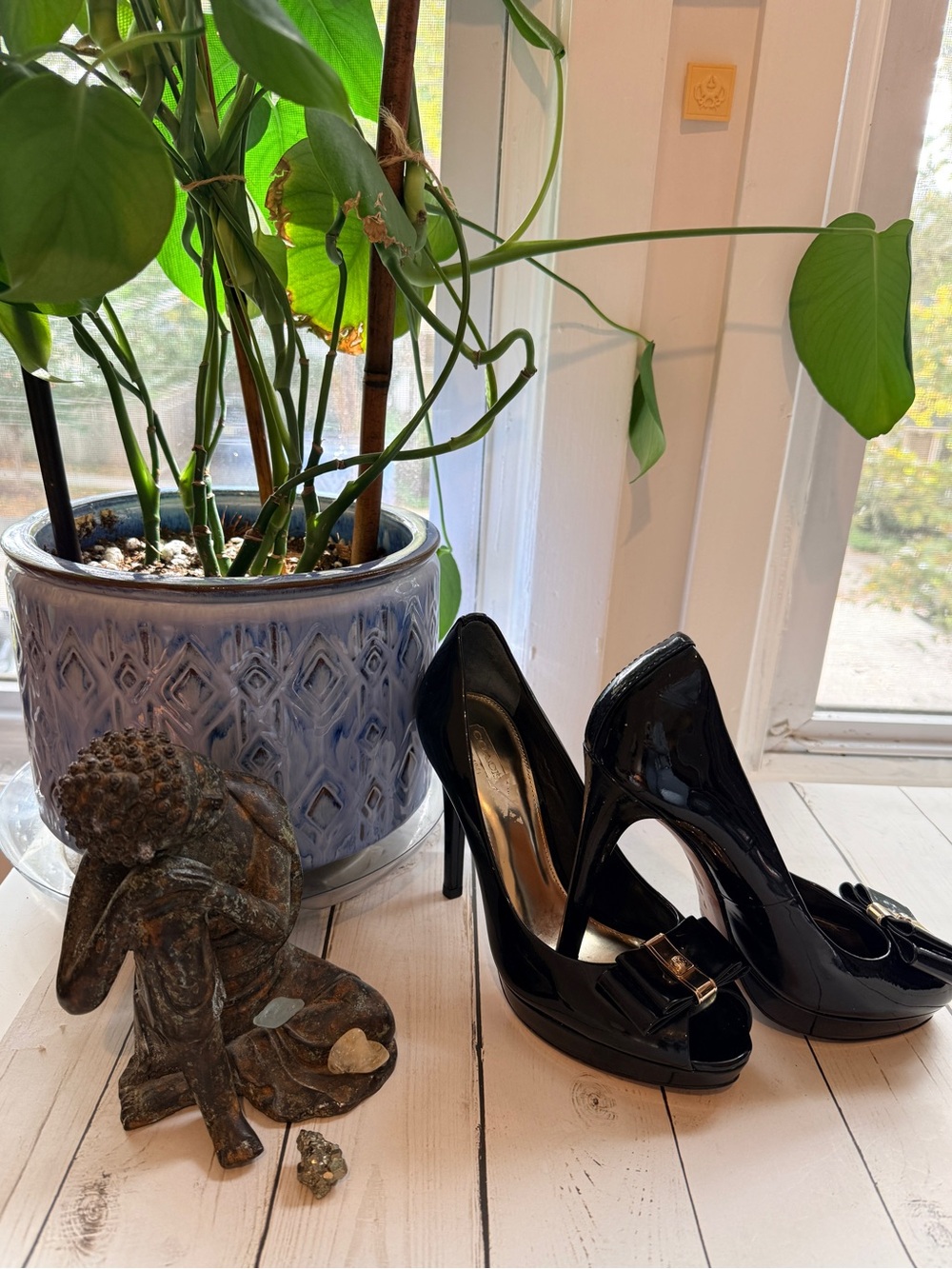 COACH | Black Patent Peep-Toe Heels with Bow Accent